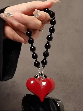 Red Heart Keyring Wristlet with Black Beaded Loop Phone Holder